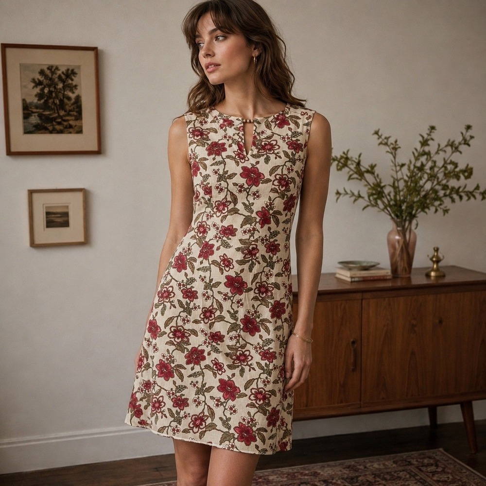Vtg White Stag Tank Floral Linen Blend Sheath Dress Garden Party Sz S *read